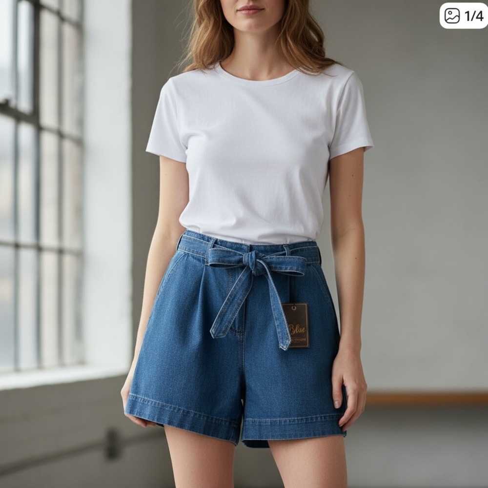 🌼😎001 SHRTS: 2 Blue pleated denim shorts